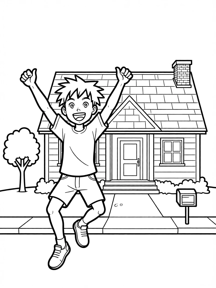 Sasuke jumping with joy, in front of their famous house or scene.