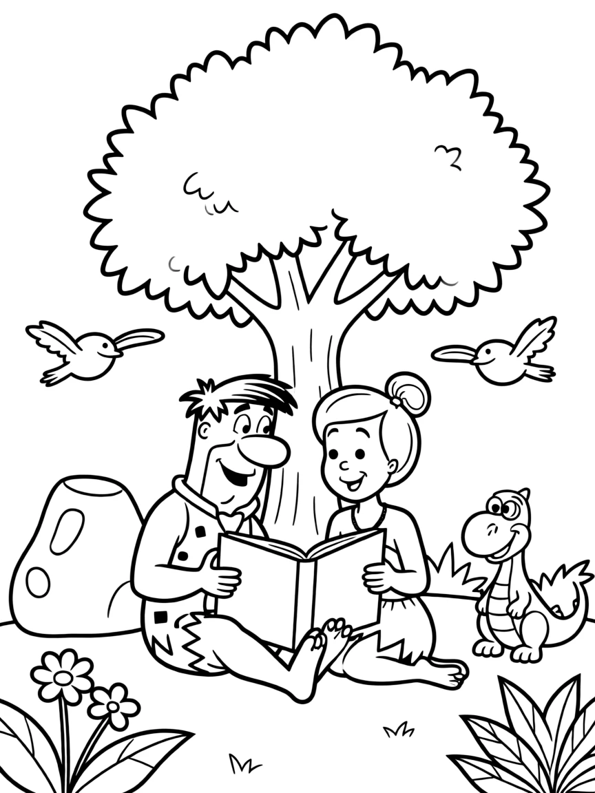 The Flintstones reading a book under a tree, with fun background elements.