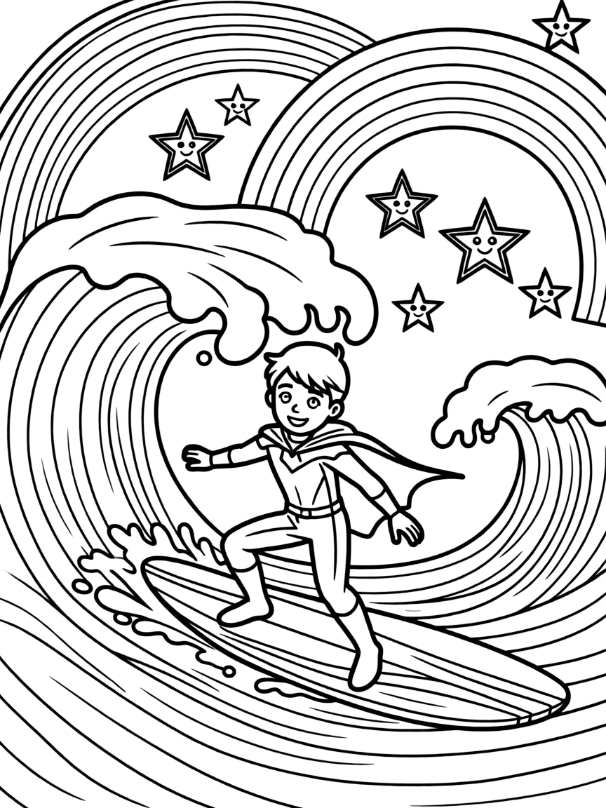 Thor surfing on waves, with stars and rainbows in the background.