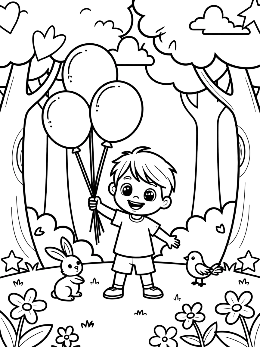 Cocomelon playing with balloons, in a magical forest setting.