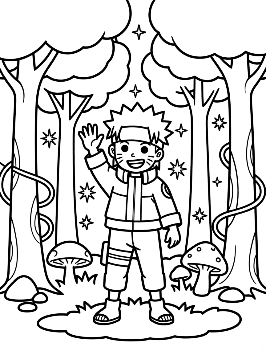 Naruto waving hello, in a magical forest setting.