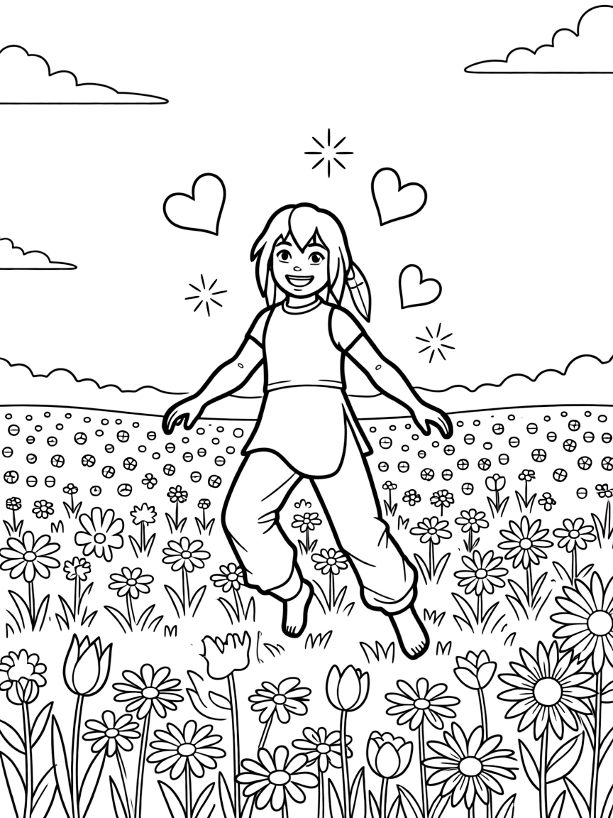 Legend of Korra dancing in a field of flowers, with hearts and sparkles around.
