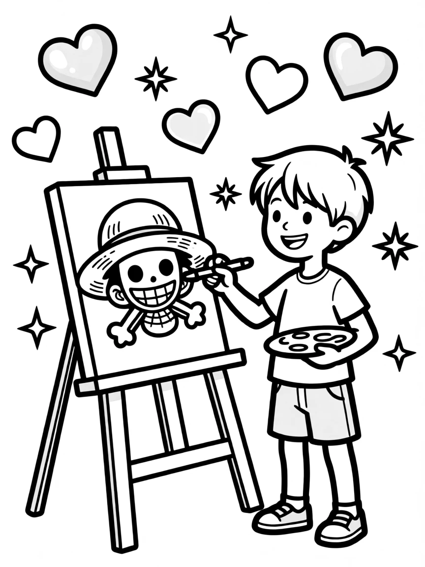 One Piece painting a picture, with hearts and sparkles around.