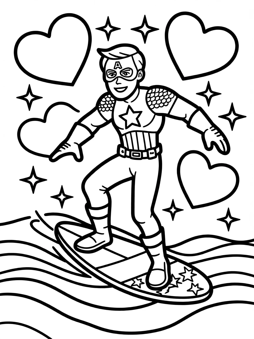 Captain America surfing on waves, with hearts and sparkles around.