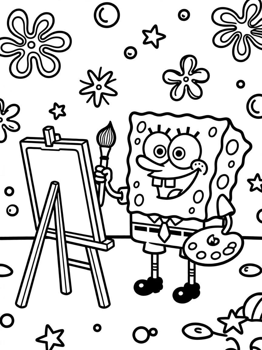 SpongeBob SquarePants painting a picture, with playful patterns around.