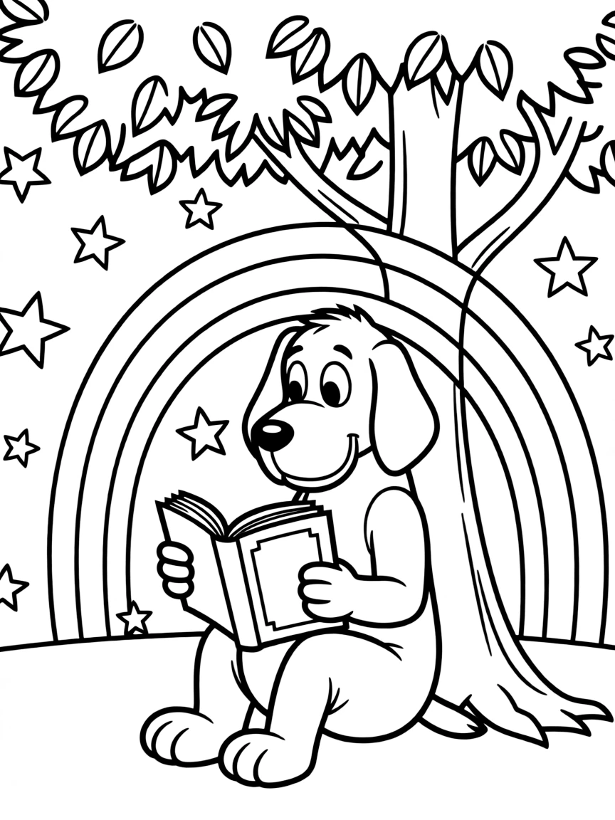 Clifford the Big Red Dog reading a book under a tree, with stars and rainbows in the background.