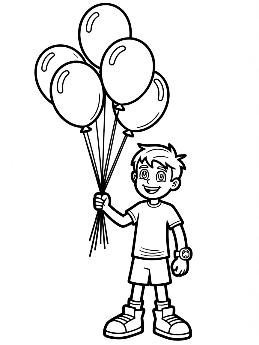 Ben 10 playing with balloons, with big bold outlines for easy coloring.