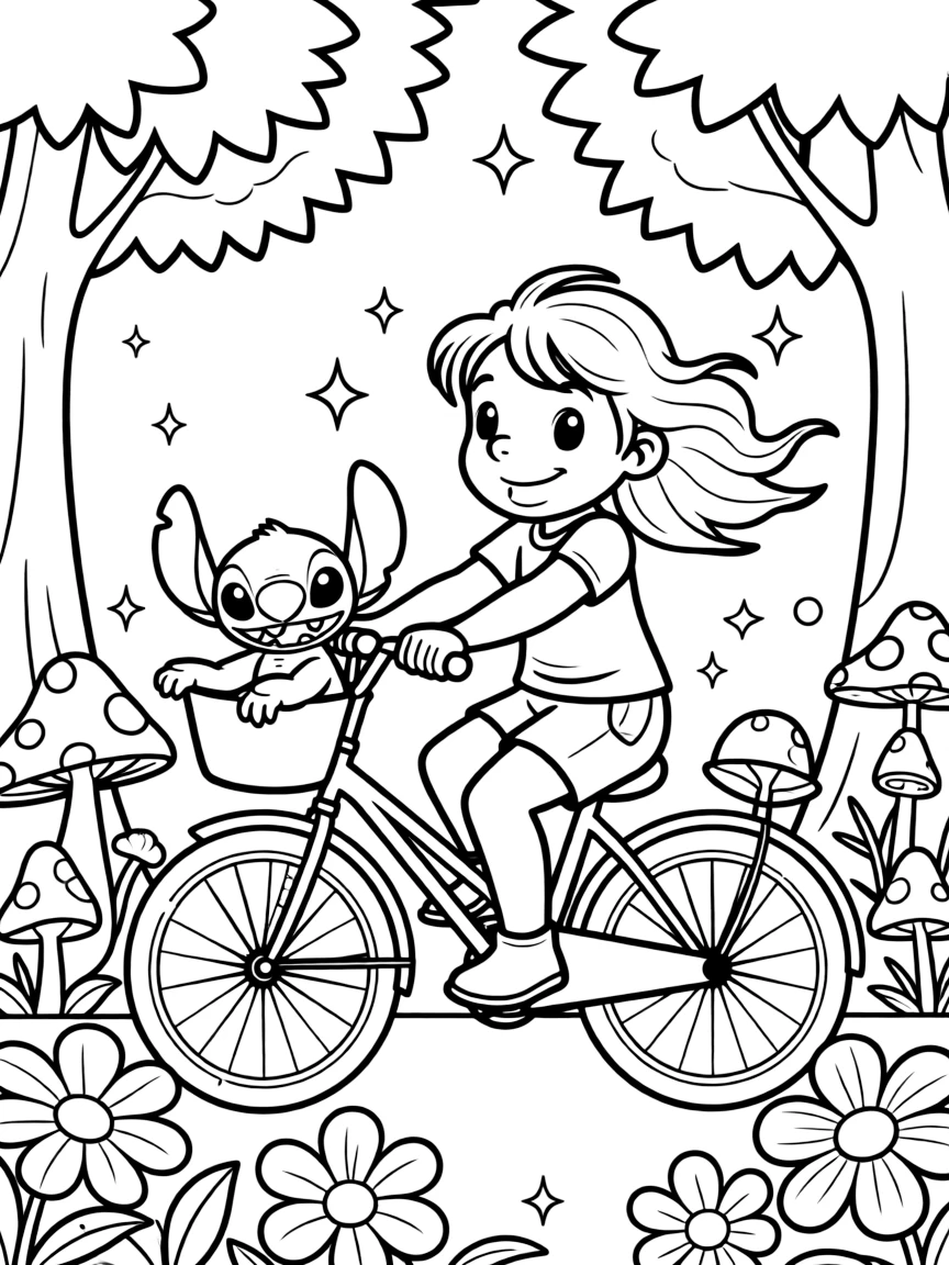 Lilo and Stitch riding a bicycle, in a magical forest setting.