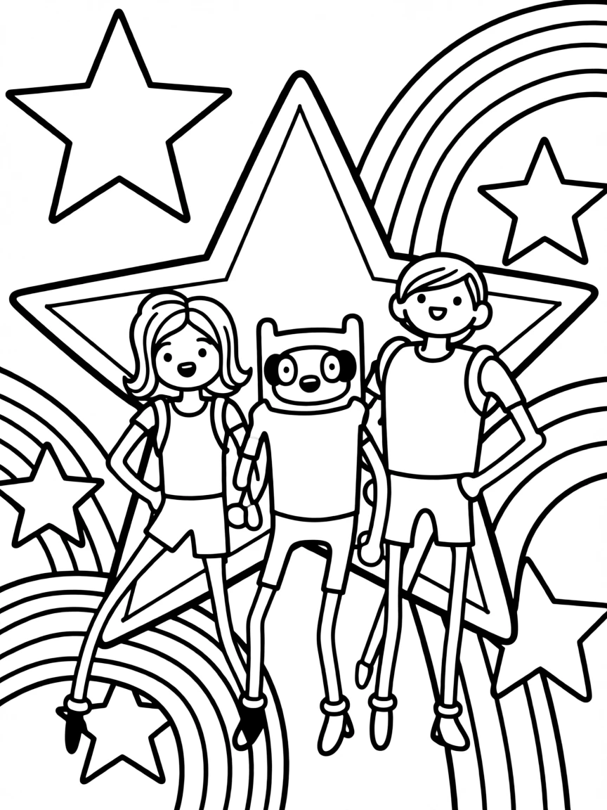 Adventure Time posing heroically, with stars and rainbows in the background.