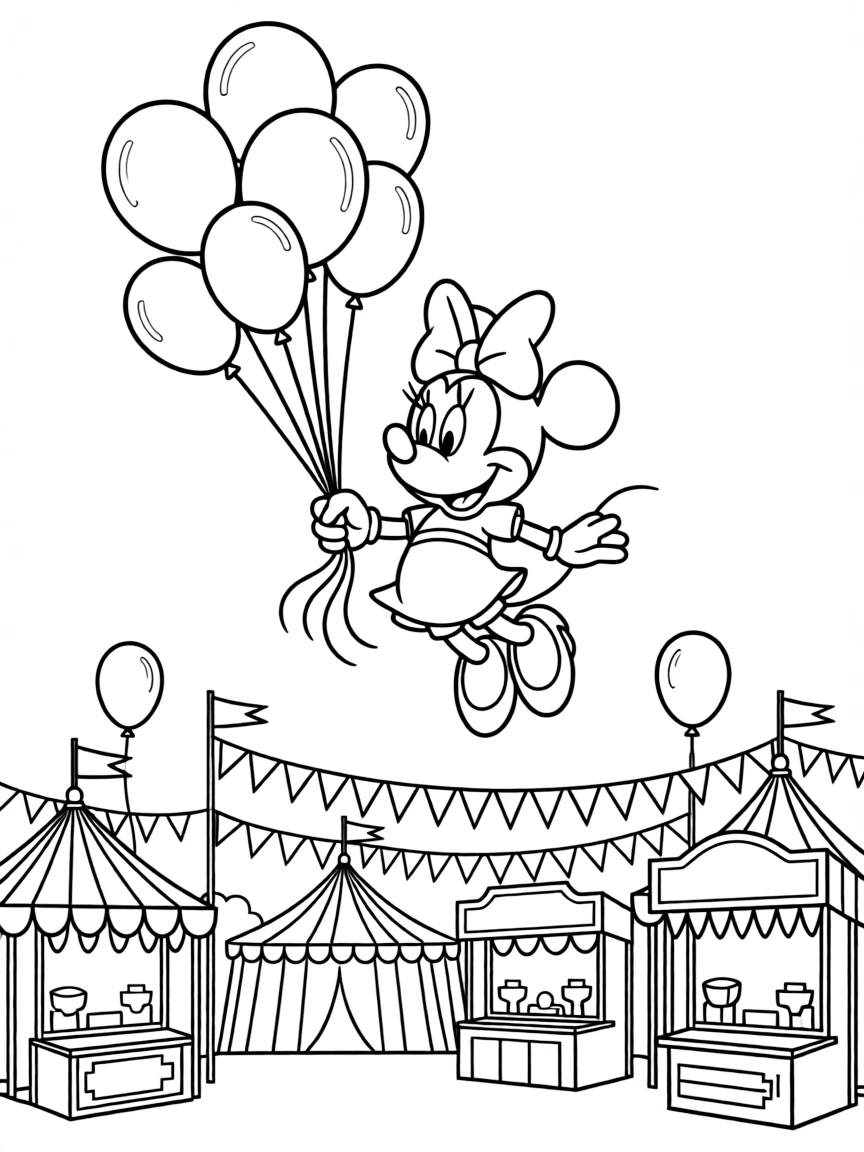 Minnie Mouse flying with balloons, at a carnival with colorful decorations.