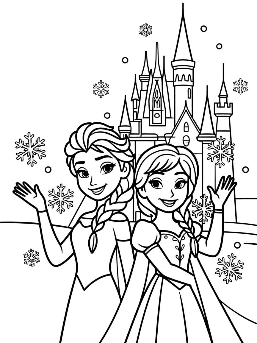 Frozen Characters waving hello, in front of their famous house or scene.