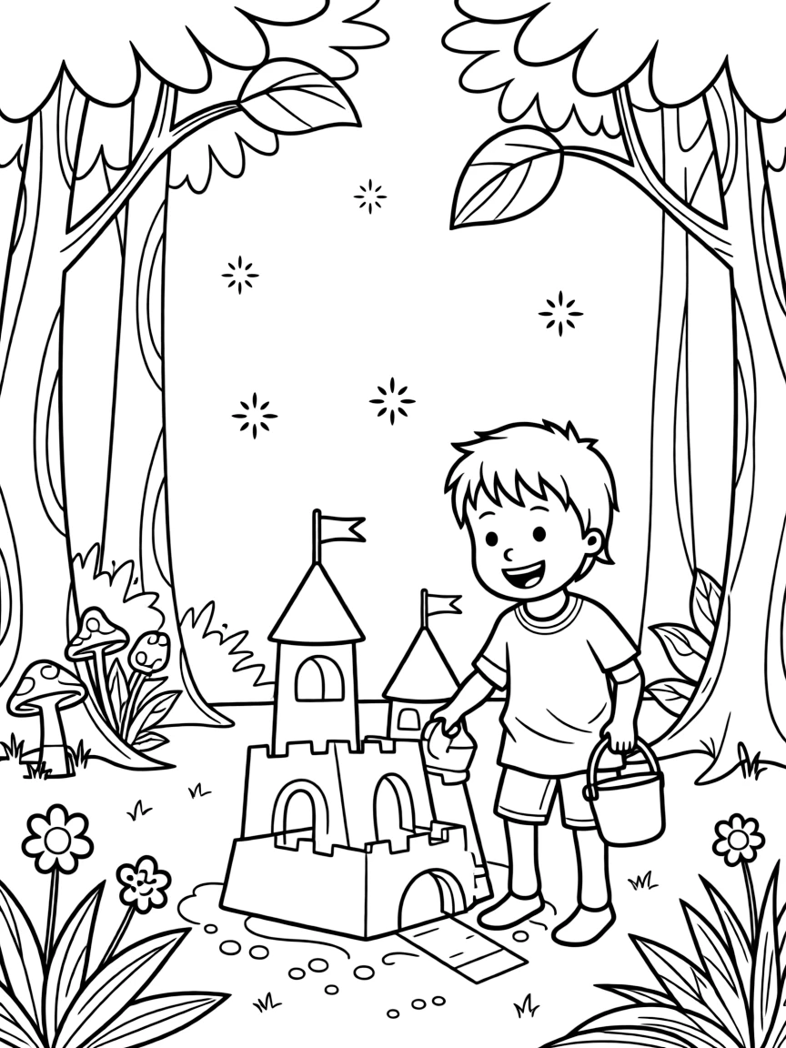 Thor building a sandcastle, in a magical forest setting.