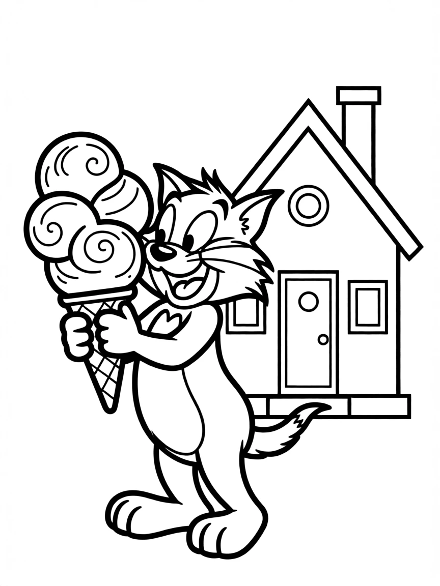 Sylvester enjoying an ice cream cone, in front of their famous house or scene.