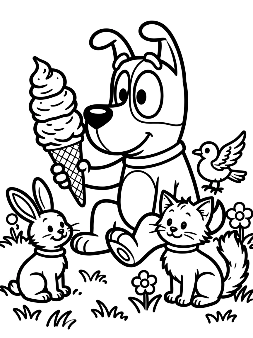 Courage the Cowardly Dog enjoying an ice cream cone, surrounded by friendly animals.