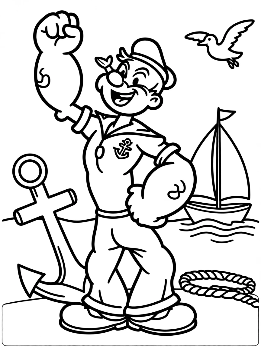 Popeye posing heroically, with fun background elements.