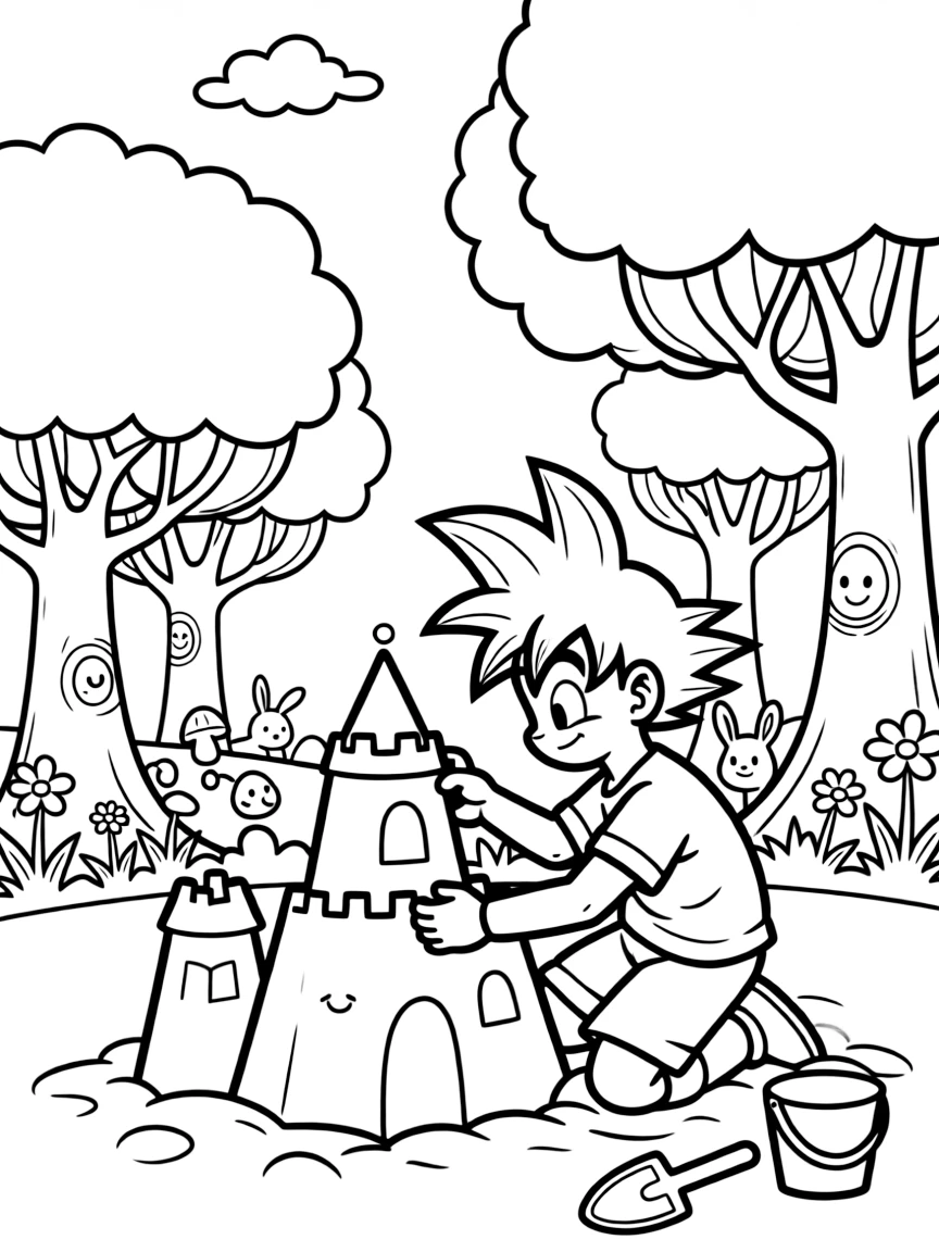Dragon Ball Z building a sandcastle, in a magical forest setting.