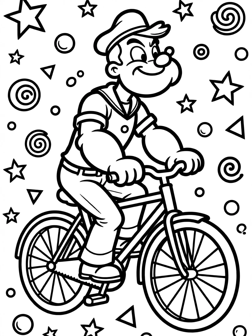 Popeye riding a bicycle, with playful patterns around.