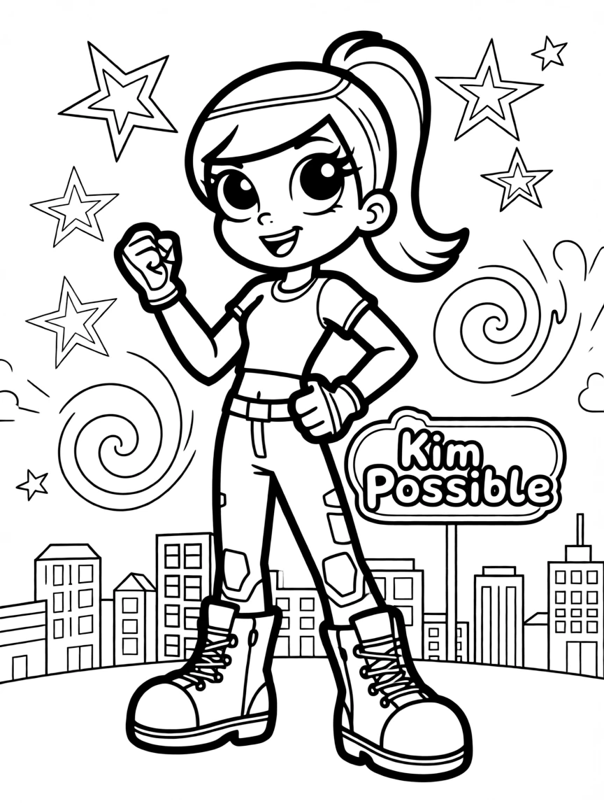 Kim Possible posing heroically, with fun background elements.