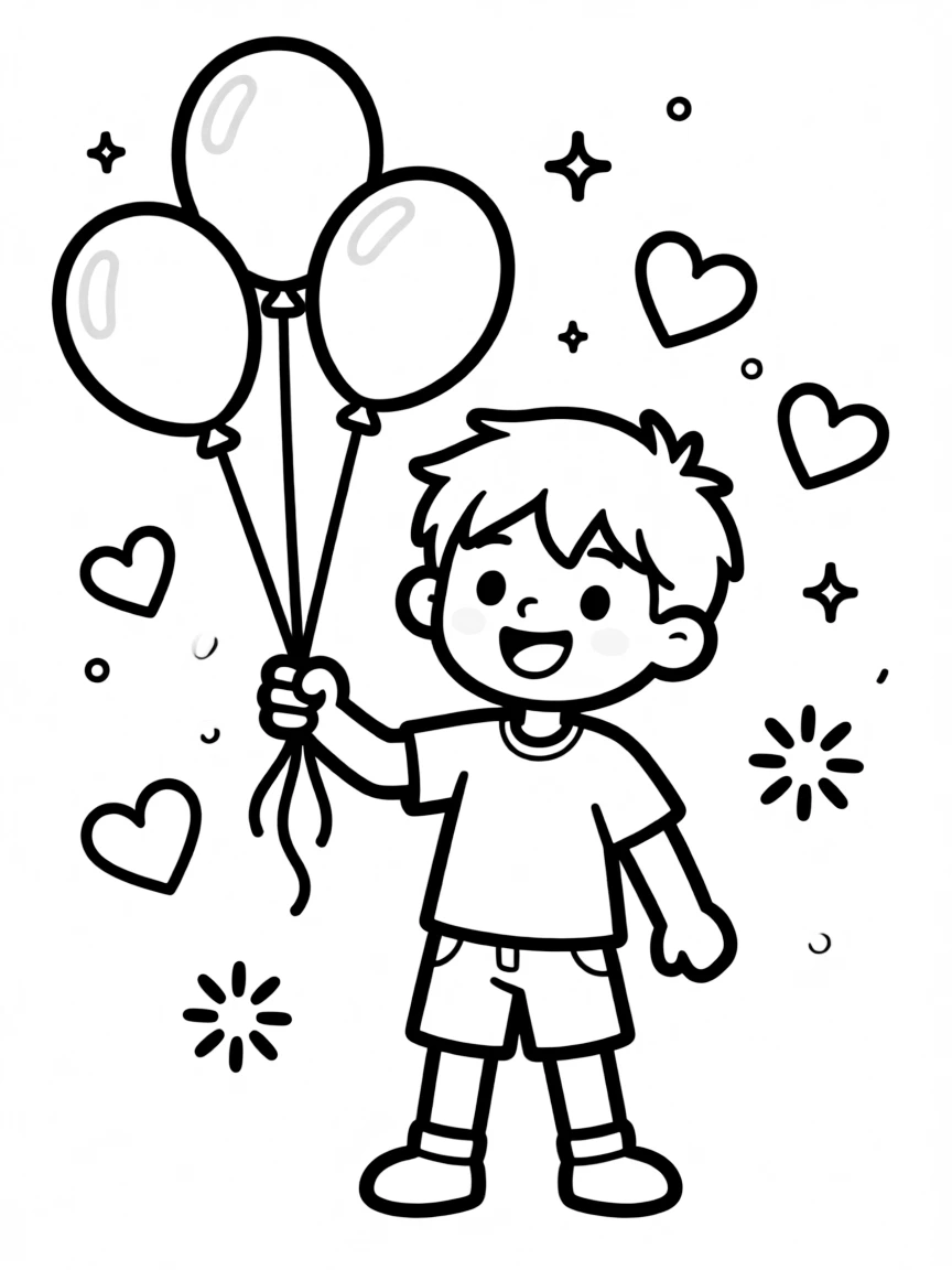 Luffy playing with balloons, with hearts and sparkles around.