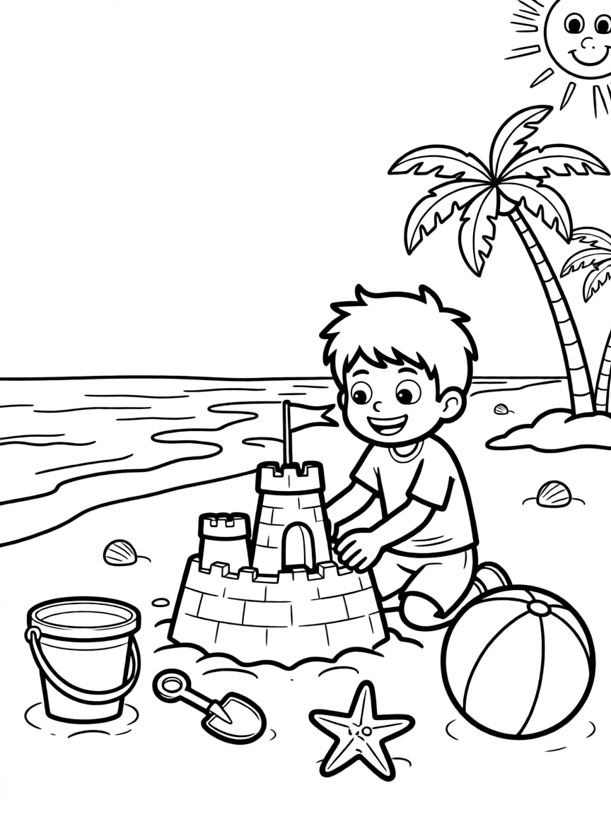 Ben 10 building a sandcastle, with fun background elements.