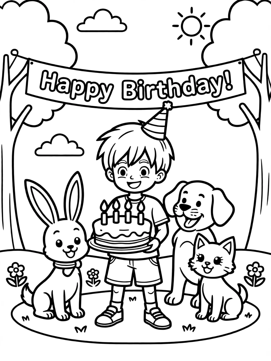 Dragon Ball Z celebrating a birthday, surrounded by friendly animals.