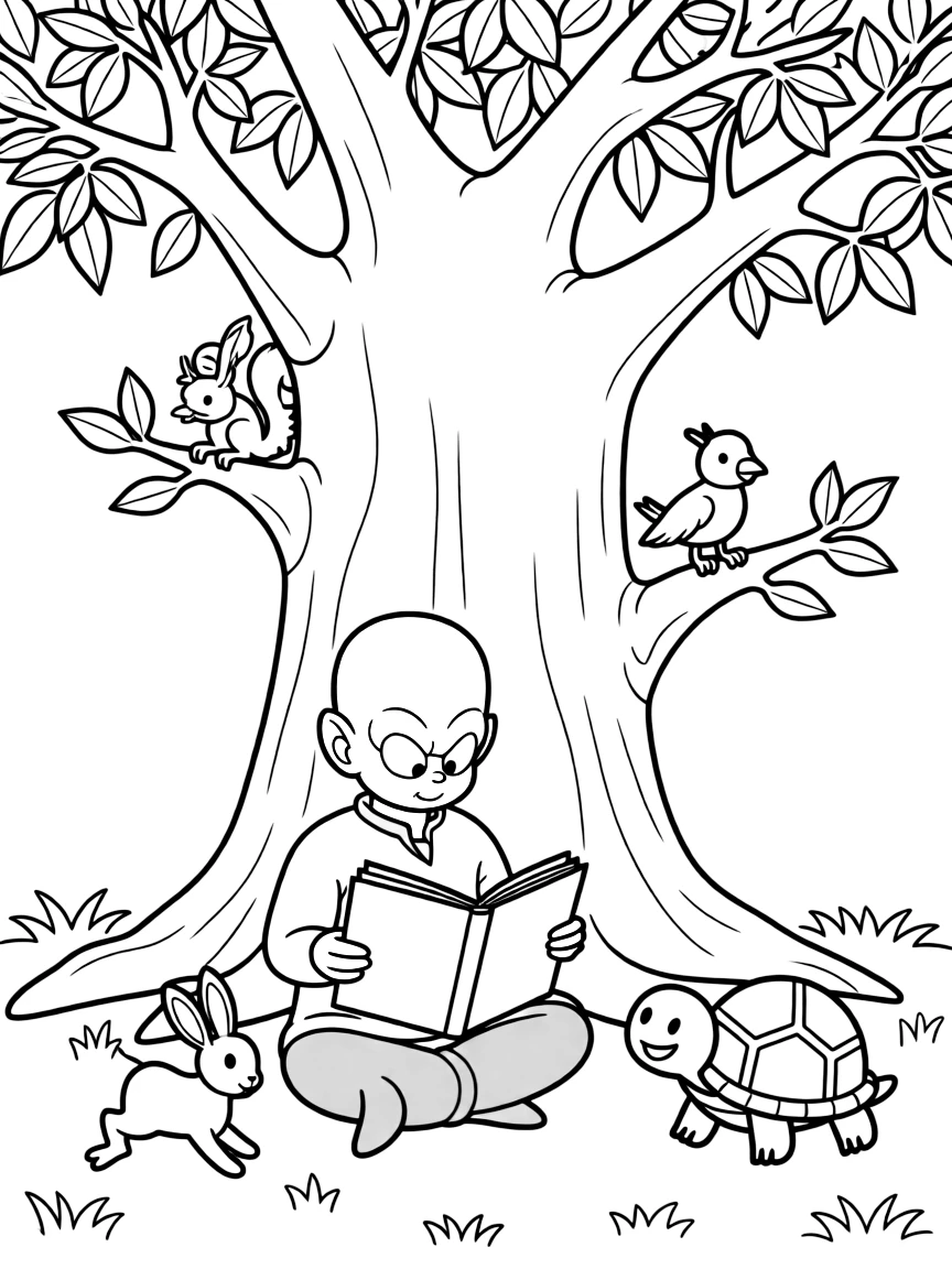 Piccolo reading a book under a tree, surrounded by friendly animals.