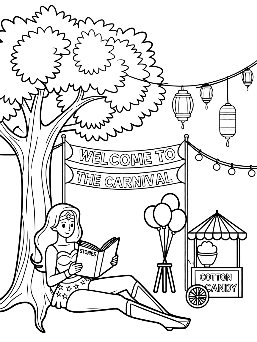 Wonder Woman reading a book under a tree, at a carnival with colorful decorations.