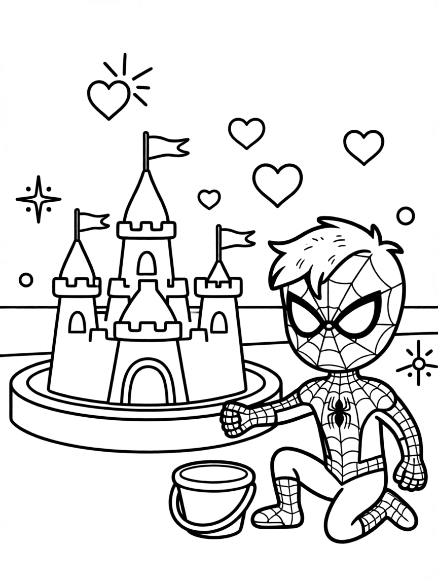Spider-Man building a sandcastle, with hearts and sparkles around.