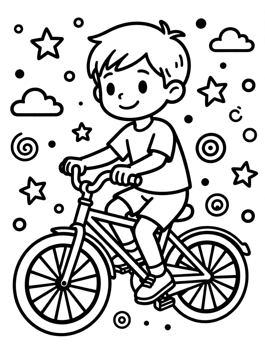 Zoro riding a bicycle, with playful patterns around.