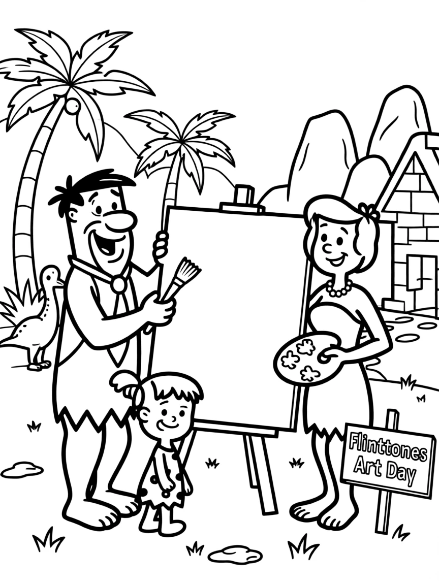 The Flintstones painting a picture, with fun background elements.