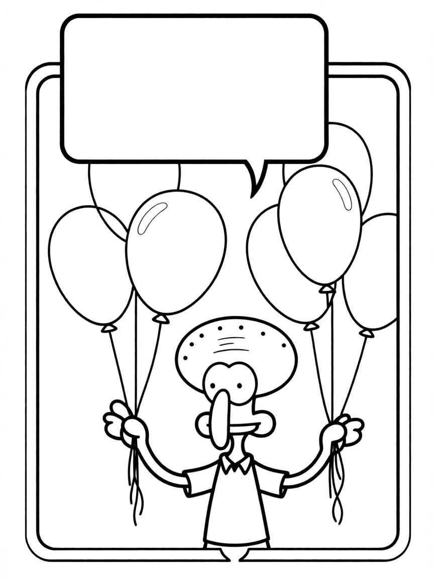Squidward Tentacles playing with balloons, inside a comic book frame.