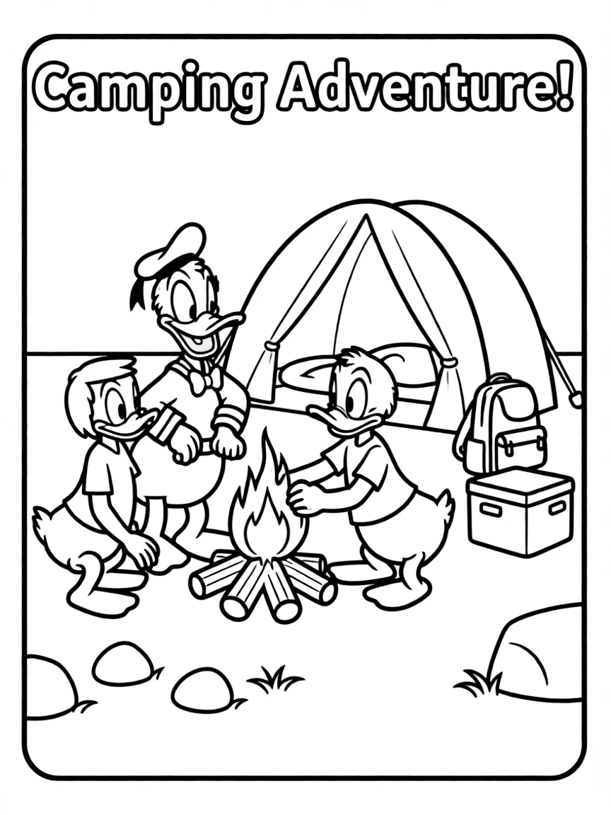Donald Duck camping with friends, inside a comic book frame.