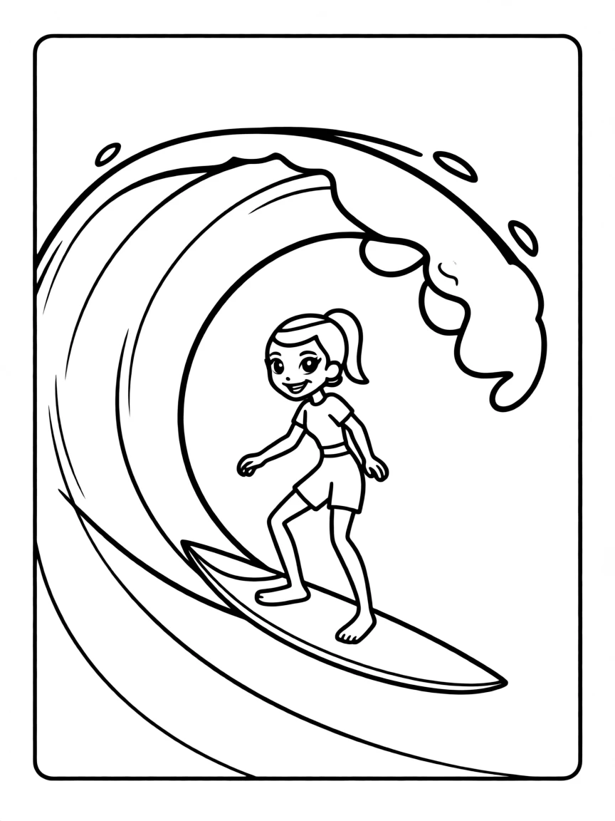 Kim Possible surfing on waves, inside a comic book frame.