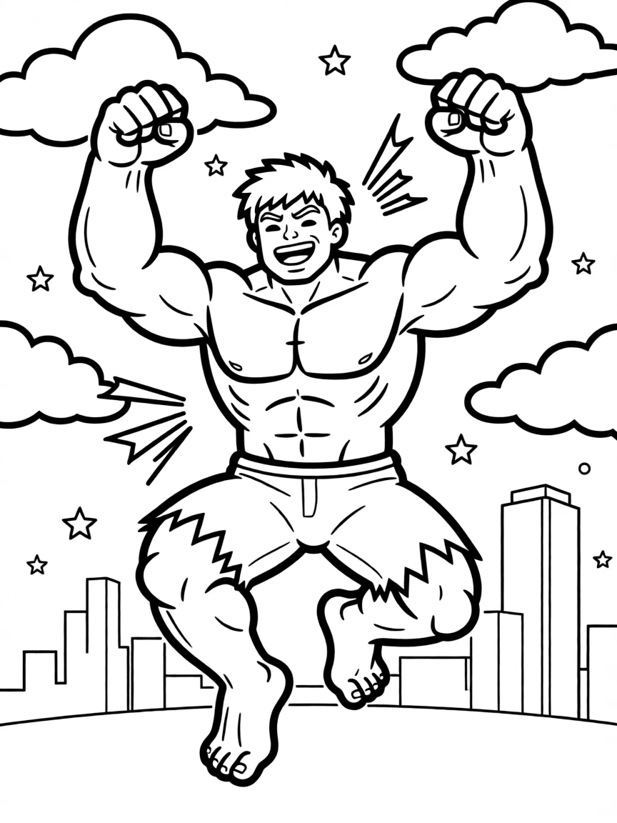 Hulk jumping with joy, with fun background elements.