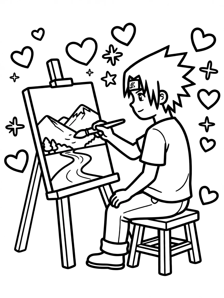 Sasuke painting a picture, with hearts and sparkles around.
