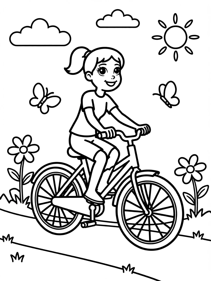 Kim Possible riding a bicycle, with fun background elements.