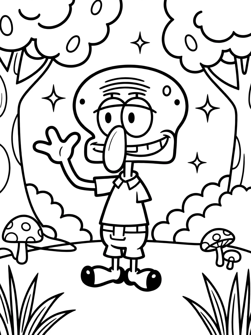 Squidward Tentacles waving hello, in a magical forest setting.