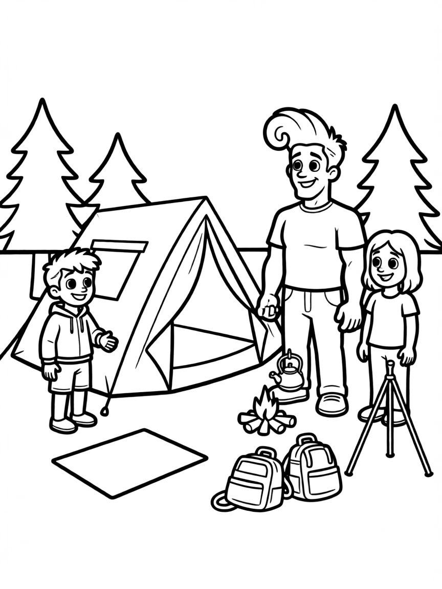 Johnny Bravo camping with friends, with big bold outlines for easy coloring.