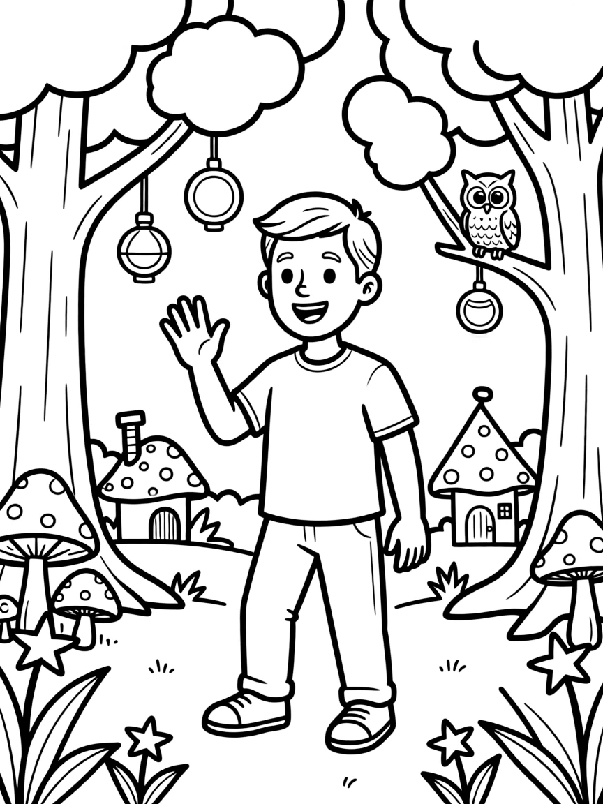 Family Guy waving hello, in a magical forest setting.