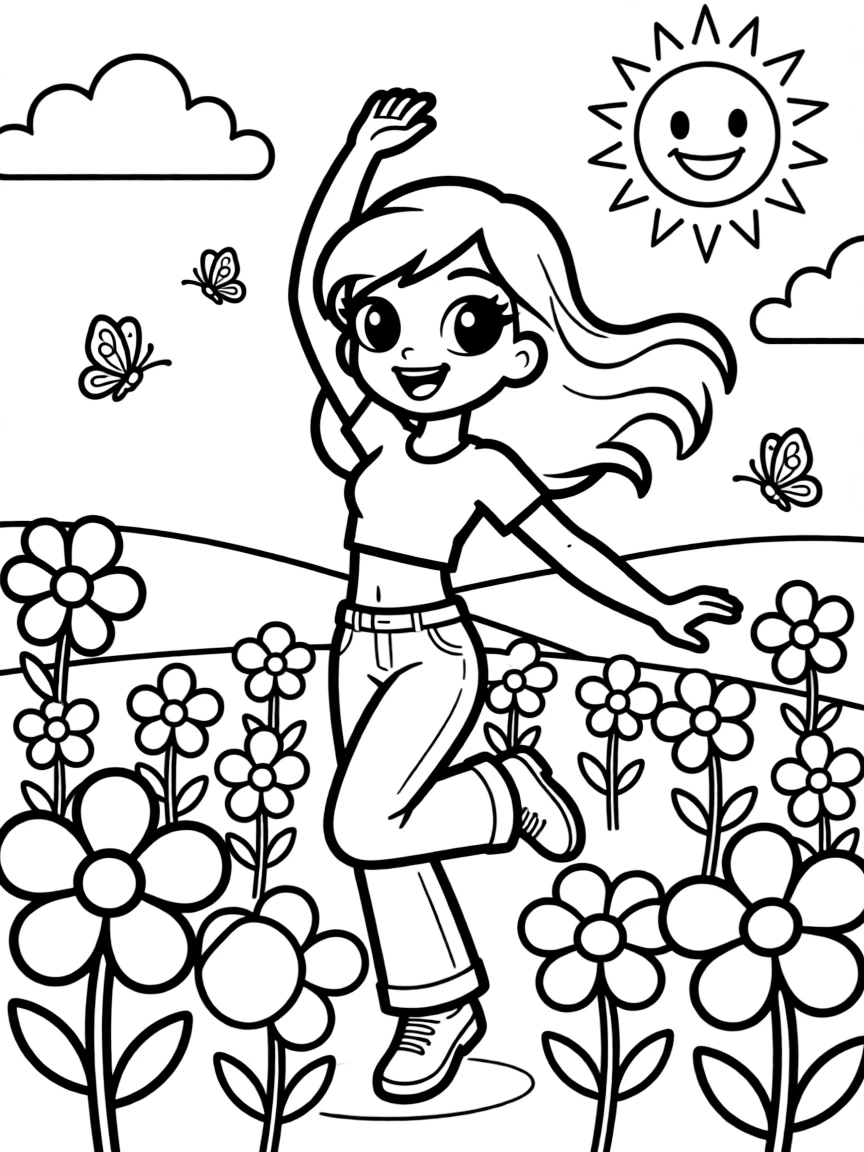 Kim Possible dancing in a field of flowers, with fun background elements.