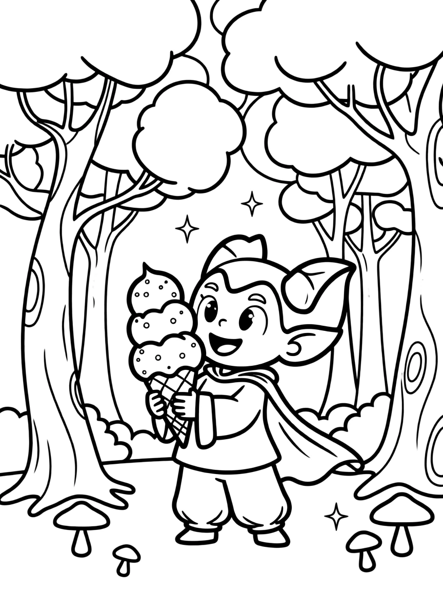 Piccolo enjoying an ice cream cone, in a magical forest setting.