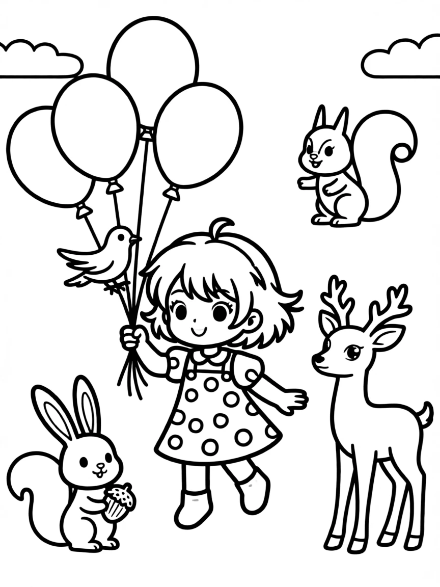Sakura flying with balloons, surrounded by friendly animals.