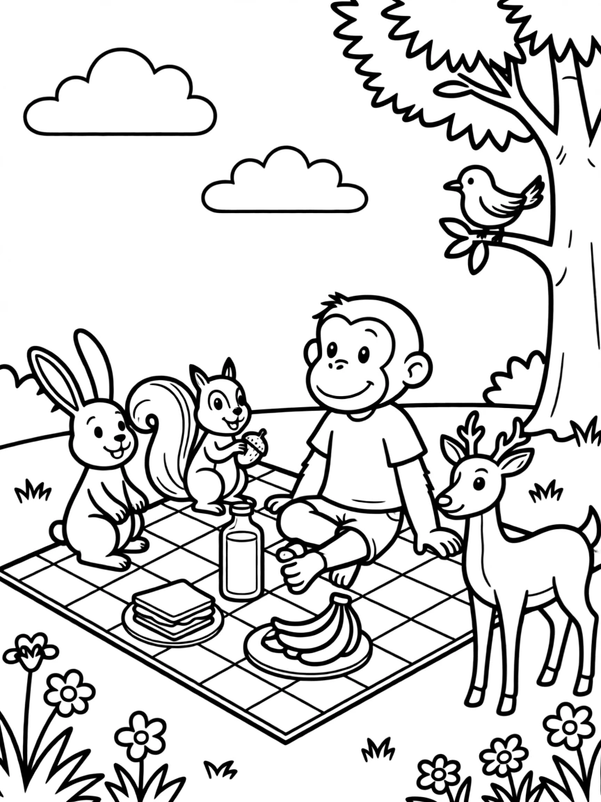Curious George having a picnic, surrounded by friendly animals.