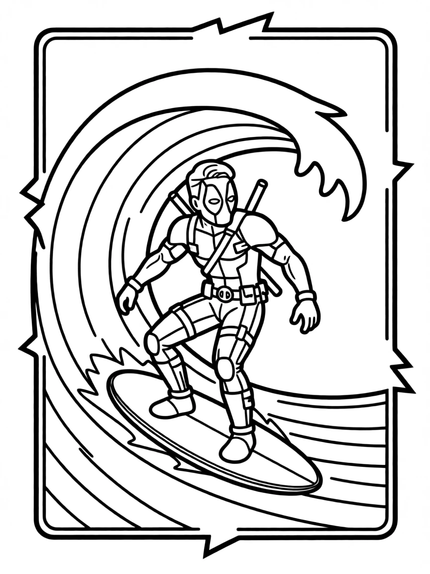 Deadpool surfing on waves, inside a comic book frame.