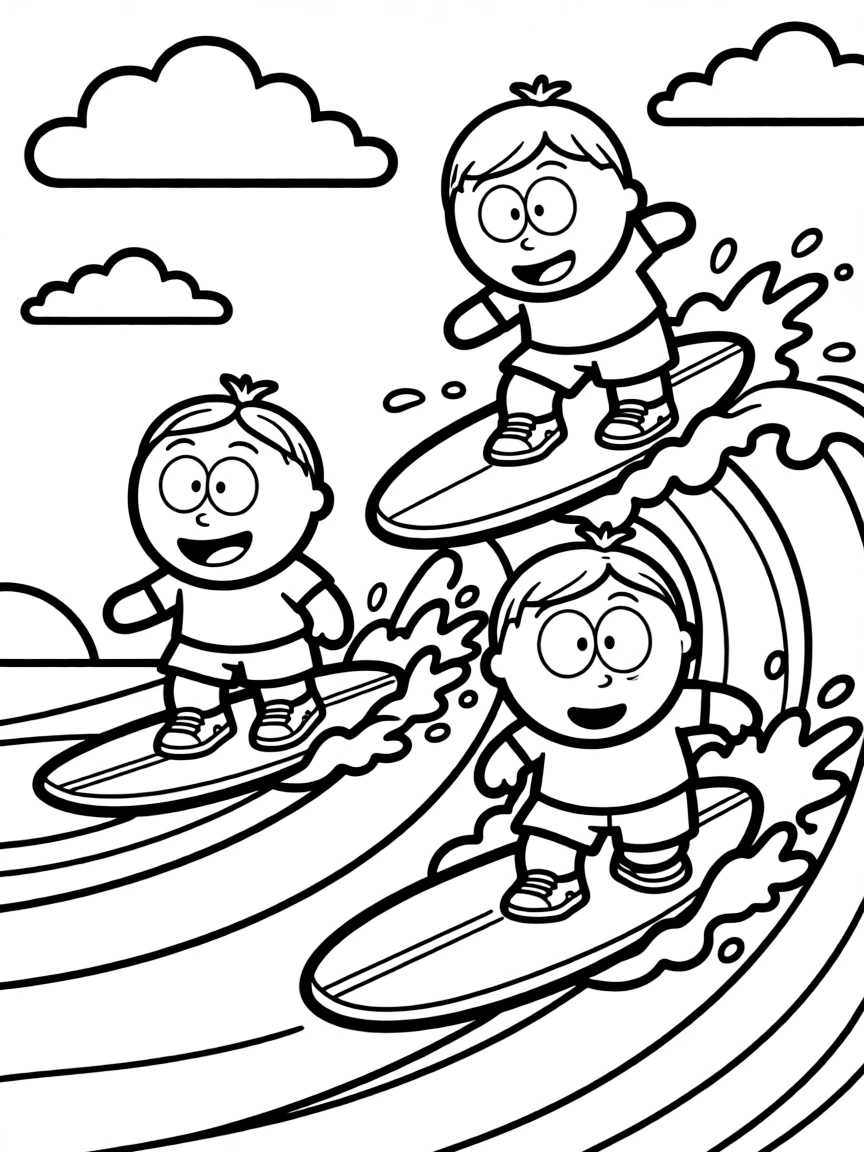 South Park surfing on waves, with big bold outlines for easy coloring.