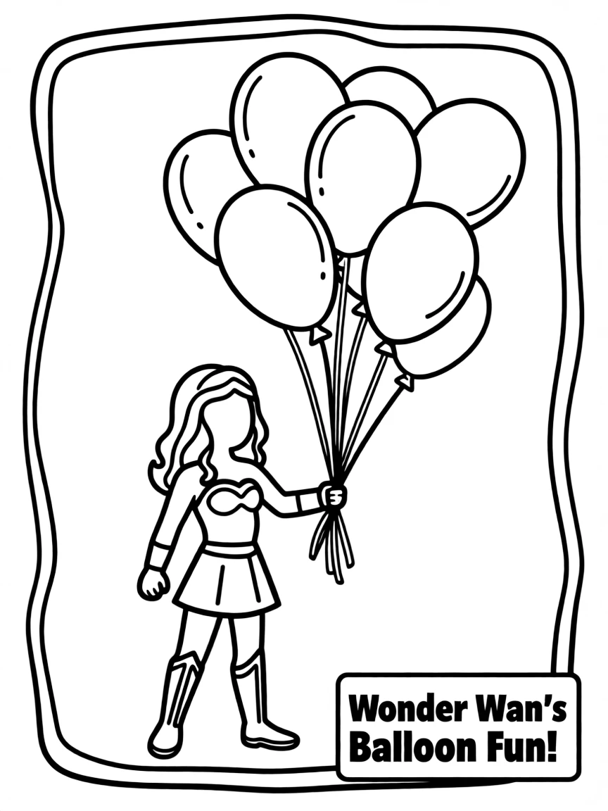 Wonder Woman playing with balloons, inside a comic book frame.