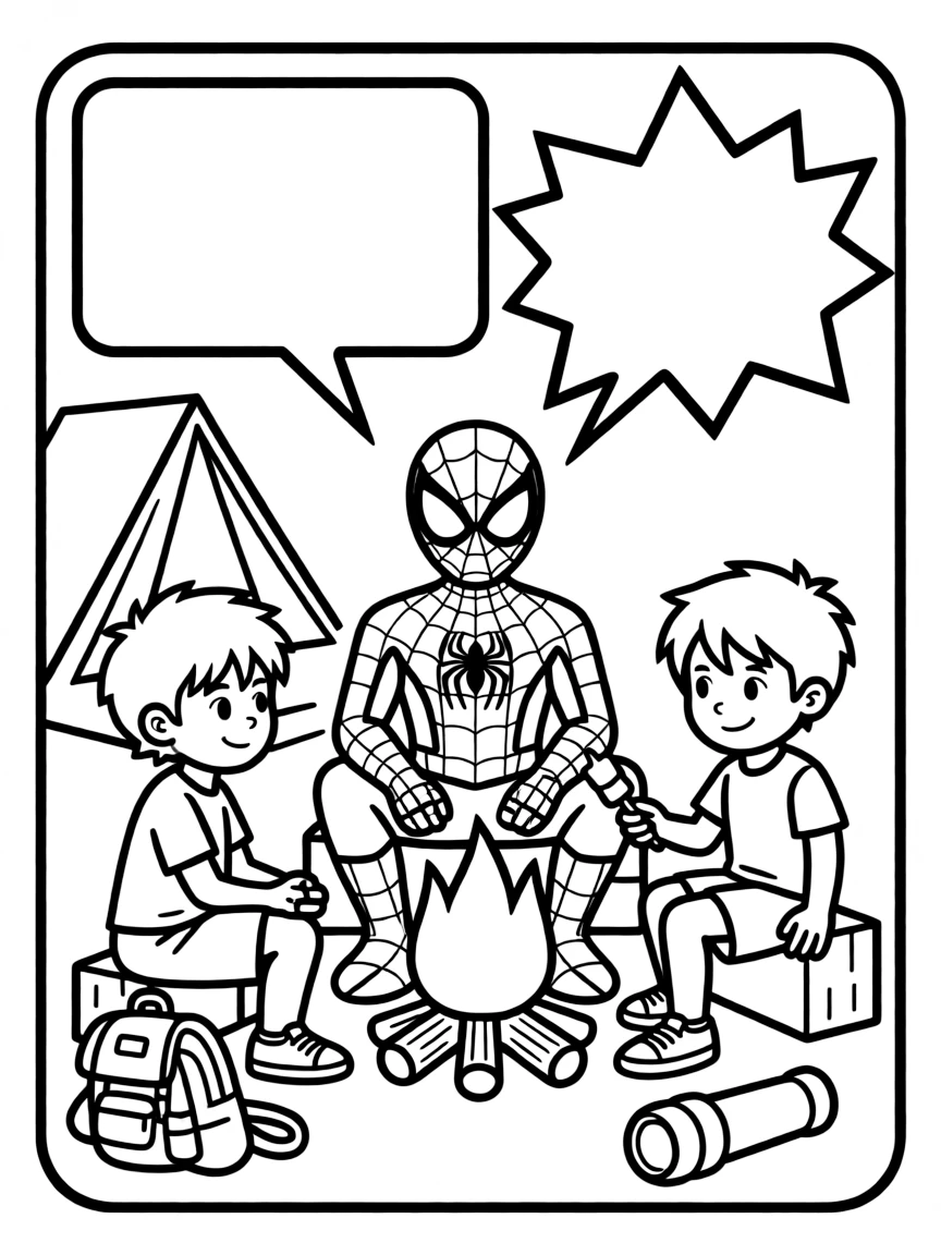 Spider-Man camping with friends, inside a comic book frame.