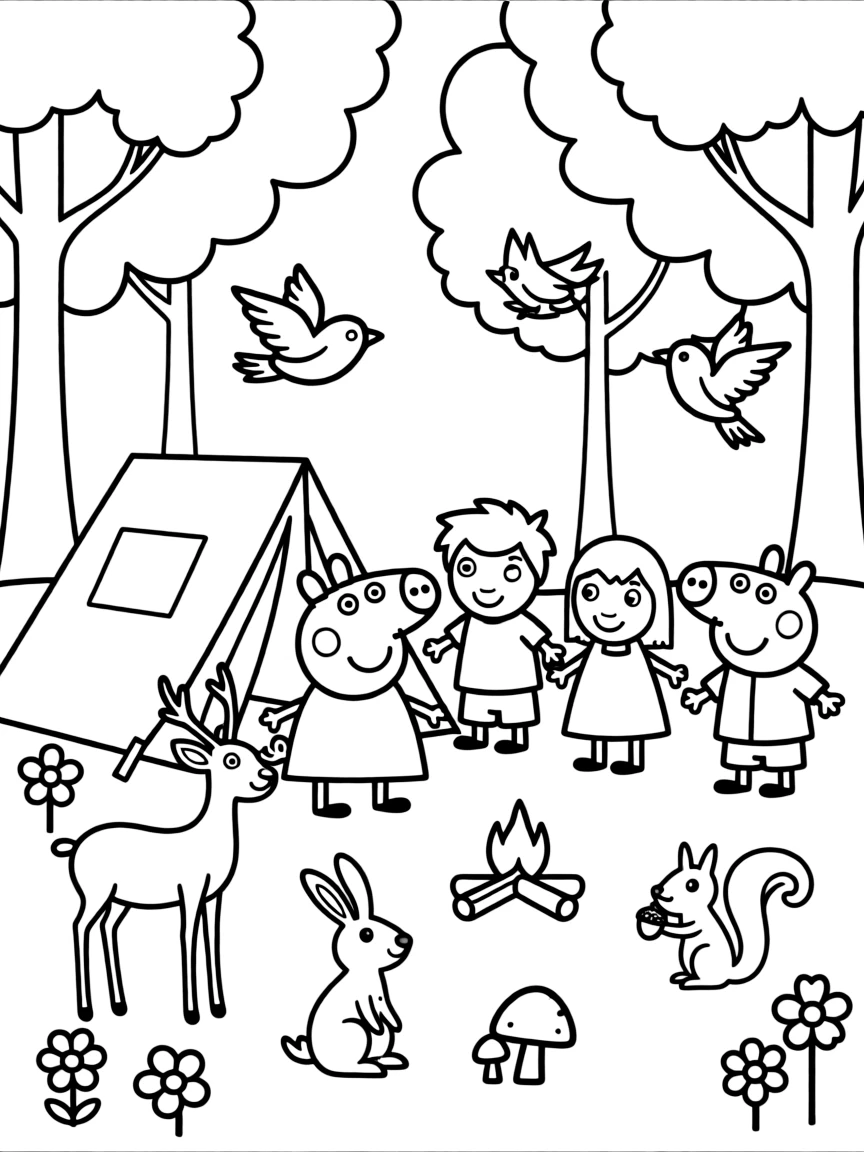 Peppa Pig camping with friends, surrounded by friendly animals.