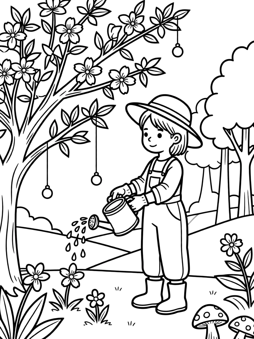 Sakura gardening, in a magical forest setting.