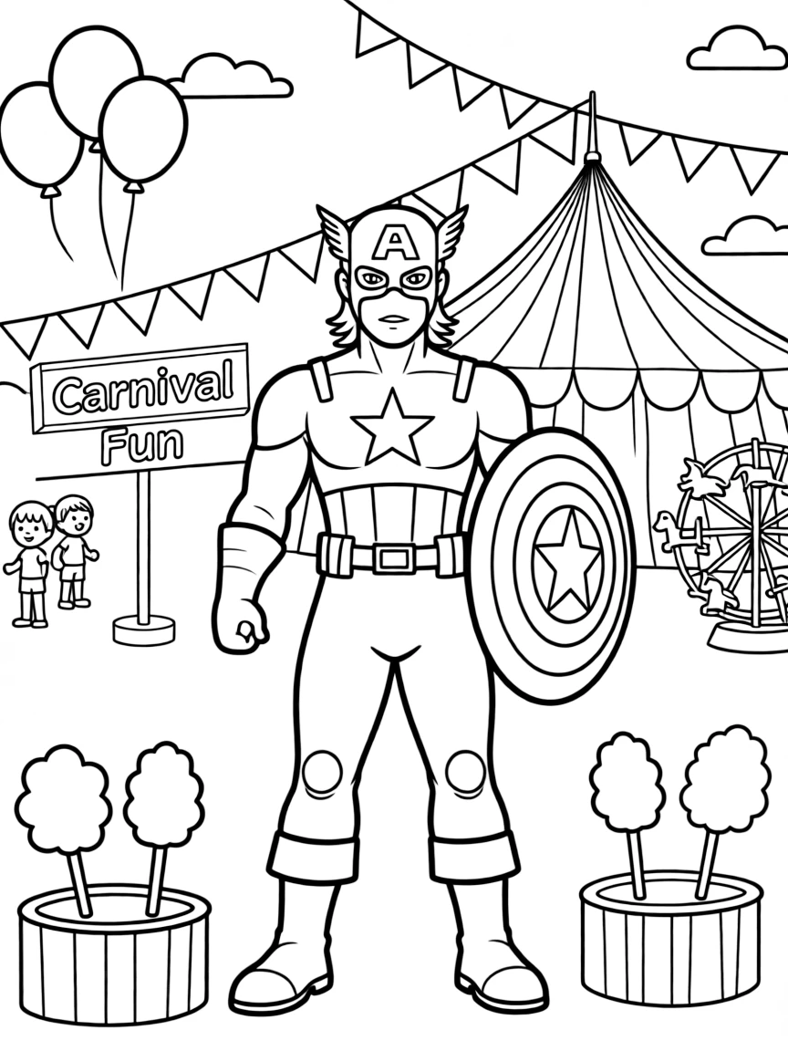 Captain America wearing a superhero costume, at a carnival with colorful decorations.